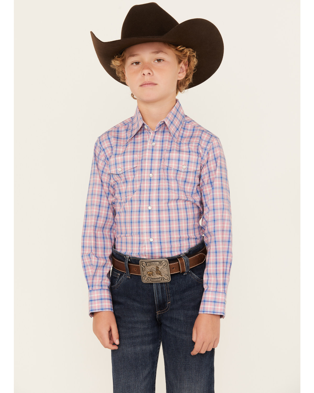 Wrangler Boys' Plaid Print Long Sleeve Pearl Snap Western Shirt