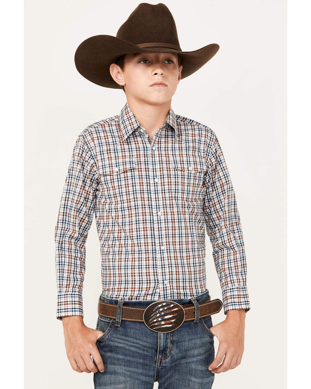 Wrangler Boys' Plaid Print Wrinkle Resistant Long Sleeve Pearl Snap Stretch Western Shirt