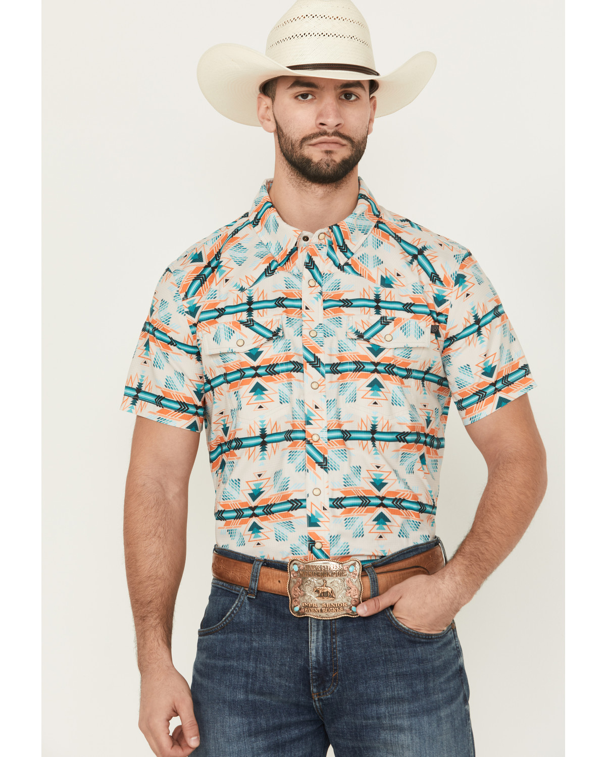 Panhandle Men's Boot Barn Exclusive TEK Southwestern Print Short Sleeve Performance Western Shirt