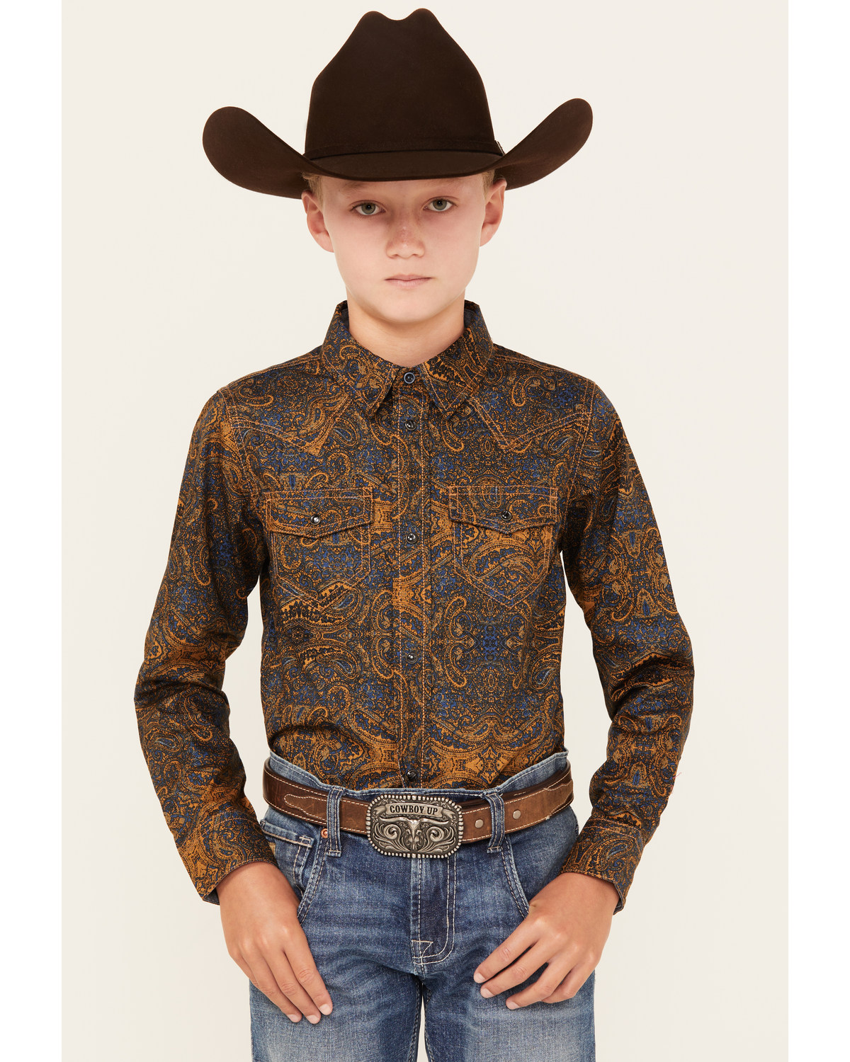 Cody James Boys' Winding Roads Printed Long Sleeve Pearl Snap Western Shirt
