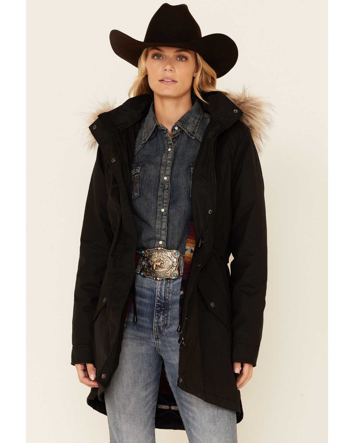 Outback Trading Co. Women's Solid Black Luna Fur Collar Storm-Flap Hooded Jacket