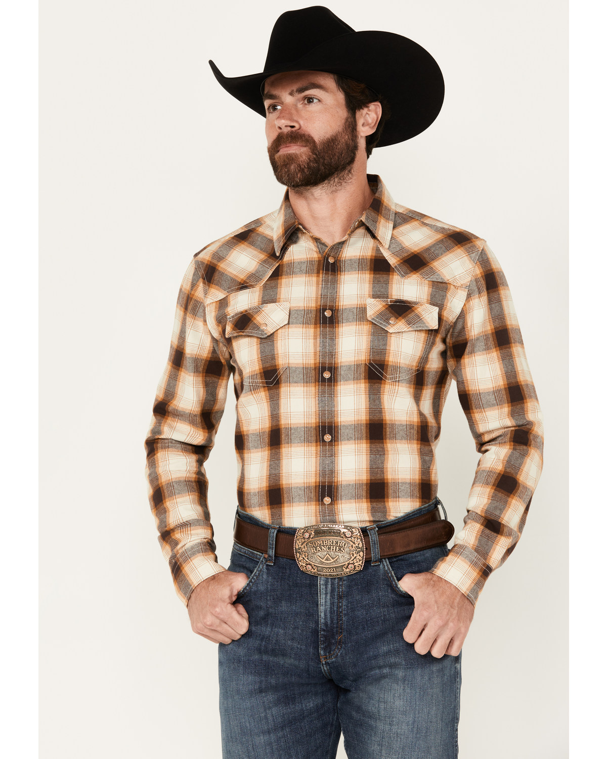 Blue Ranchwear Galveston Plaid Print Long Sleeve Snap Western Shirt