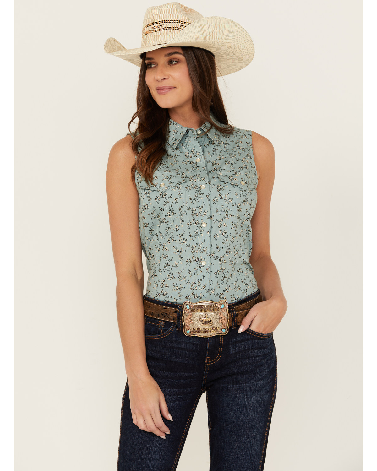 Wrangler Retro Women's Floral Print Sleeveless Pearl Snap Western Shirt