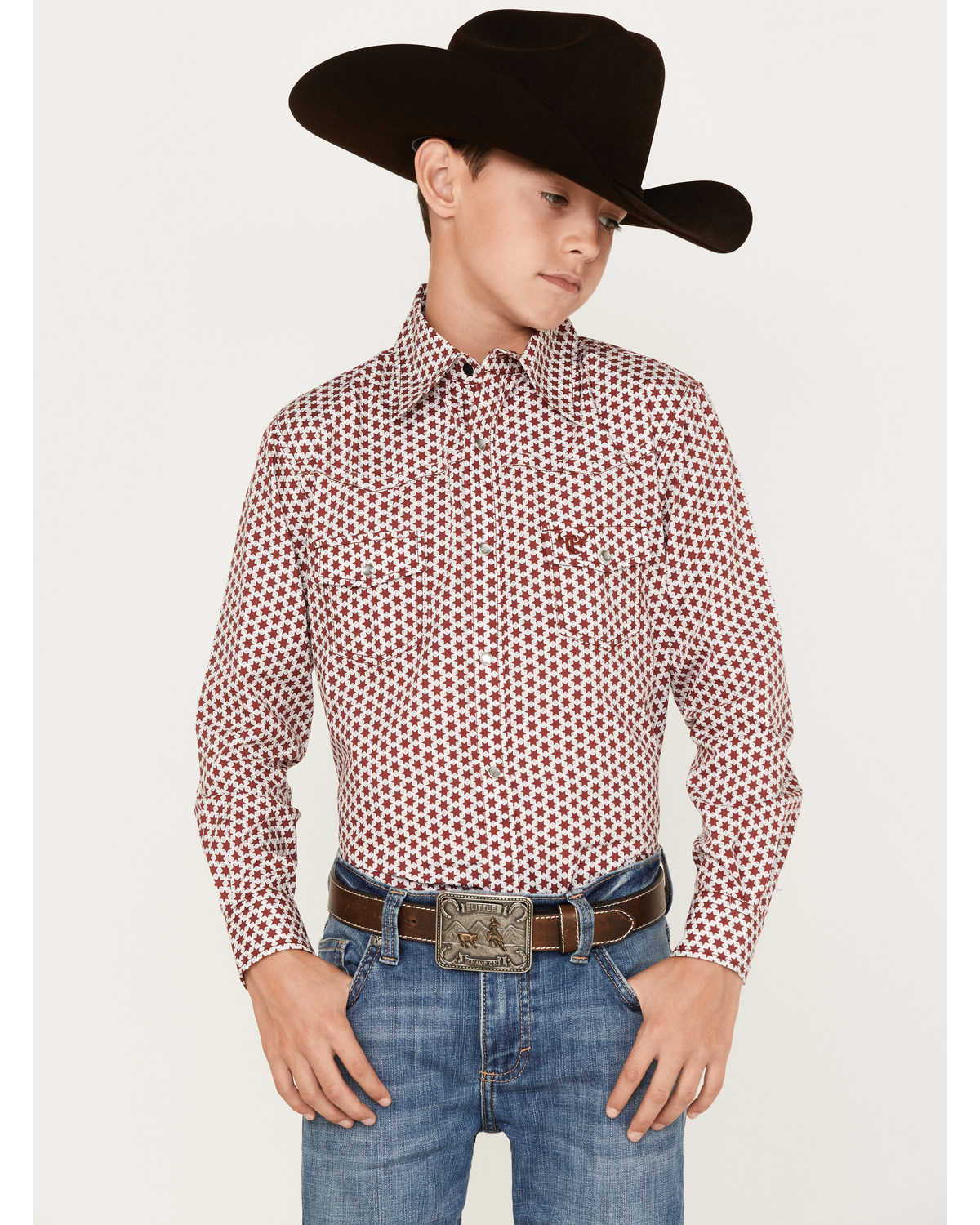 Cowboy Hardware Boys' Six Star Print Long Sleeve Pearl Snap Western Shirt