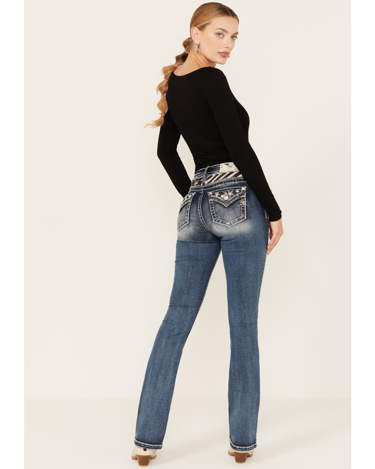 Miss Me Women's Dark Wash Mid Rise Americana Stretch Bootcut Jeans