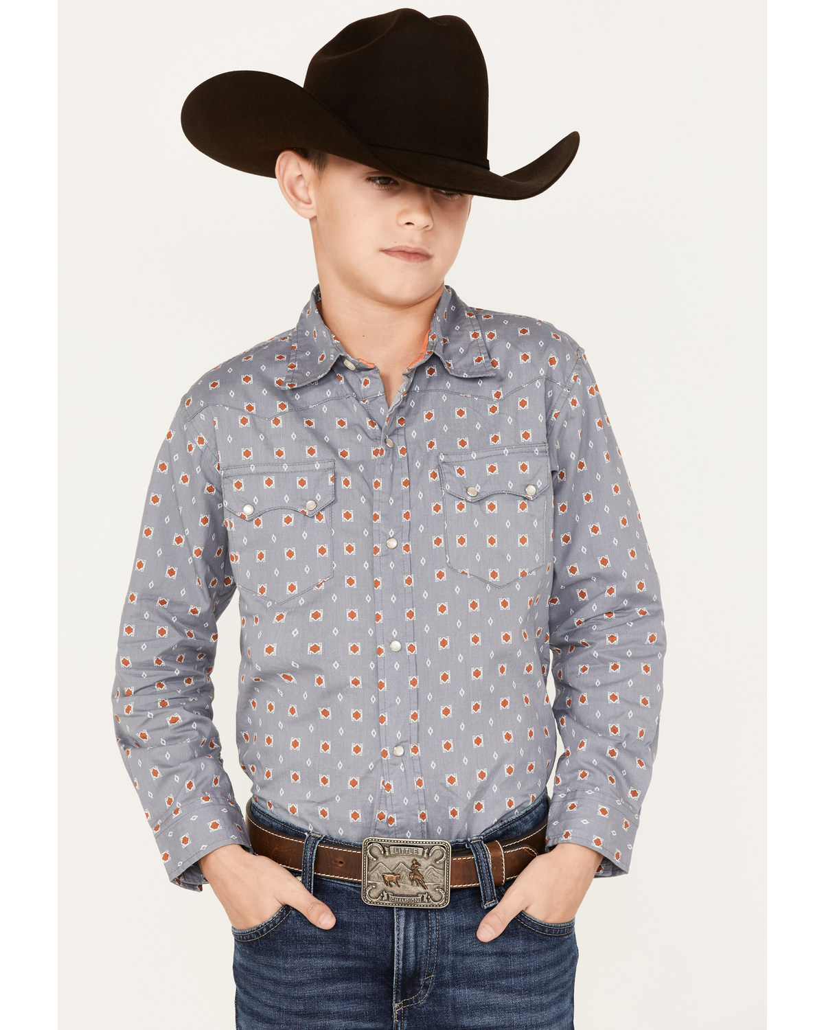 Roper Boys' West Made Geo Print Pearl Snap Western Shirt