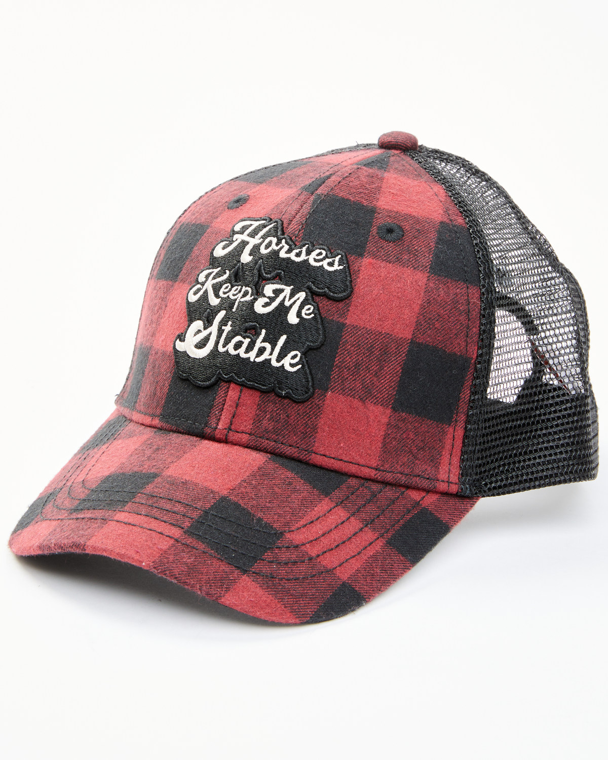 Shyanne Women's Horses Keep Me Stable Buffalo Plaid Mesh-Back Ball Cap