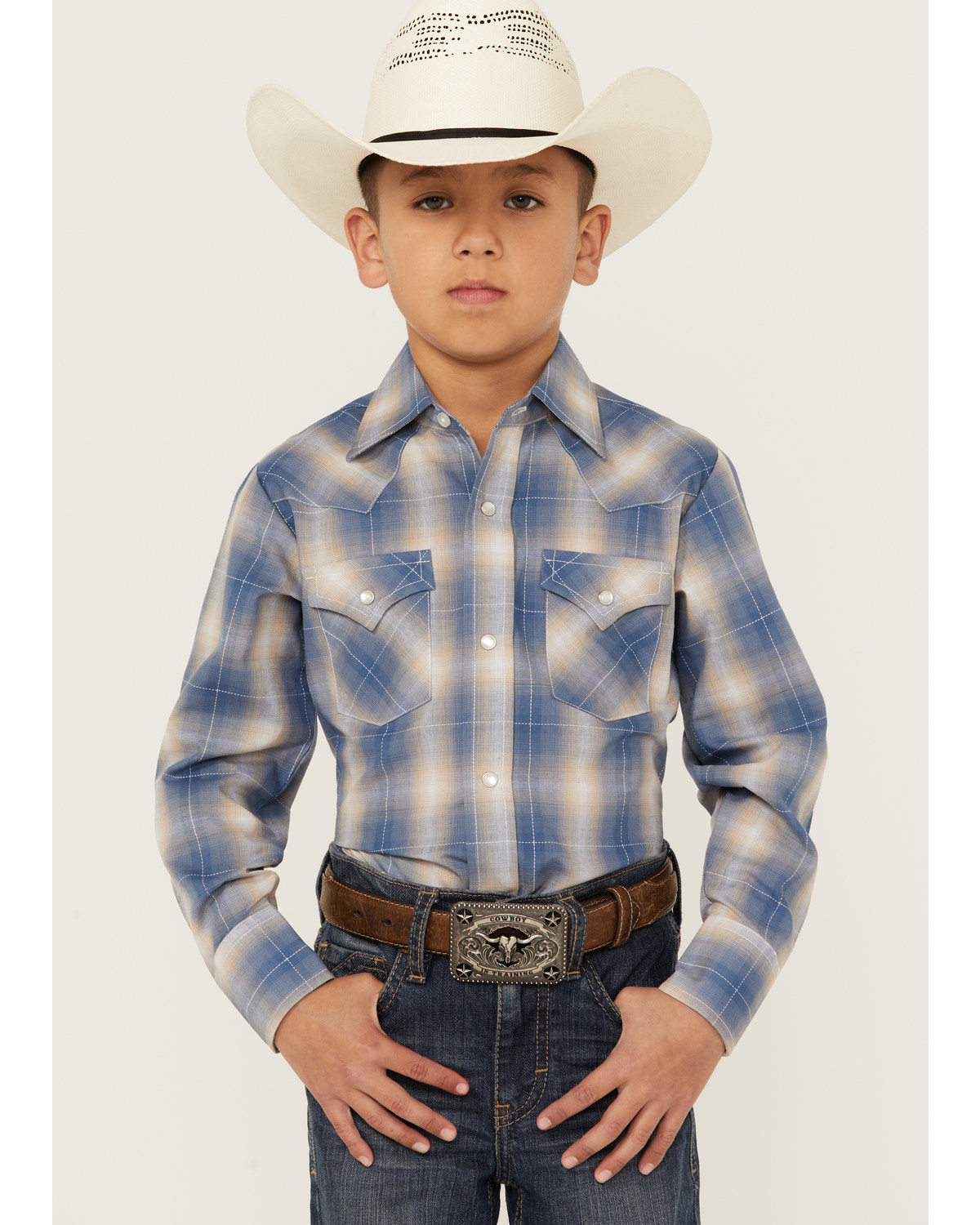 Ely Walker Boys' Textured Plaid Print Long Sleeve Pearl Snap Western Shirt
