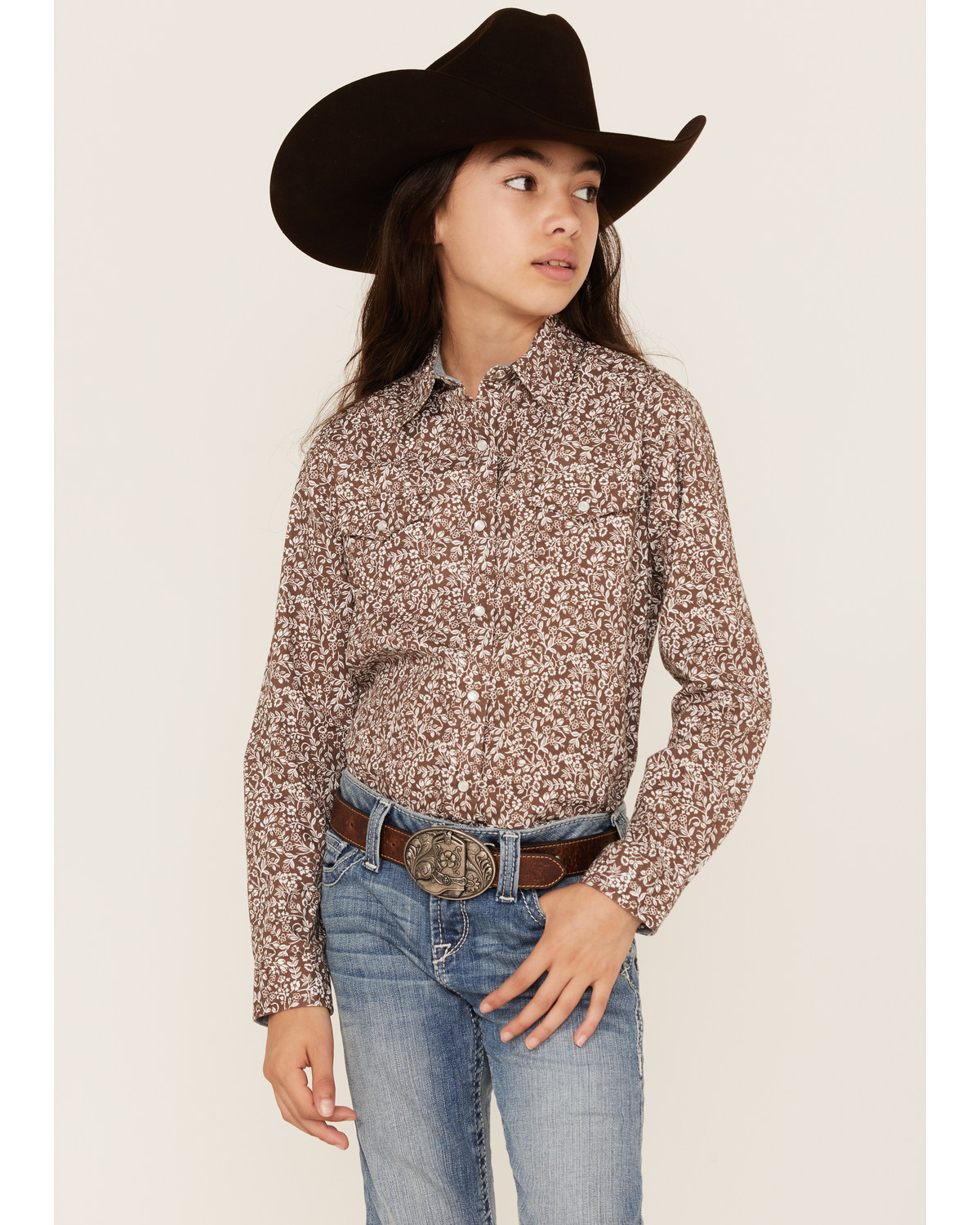 Roper Girls' West Made Floral Print Long Sleeve Western Pearl Snap Shirt