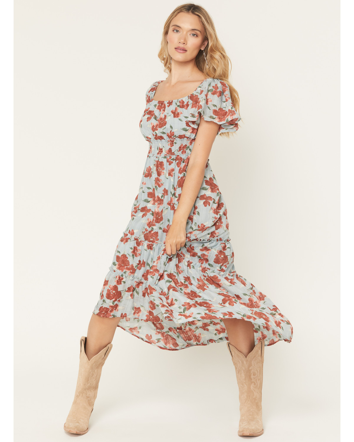 Wild Moss Women's Floral Print Ruffle Midi Dress