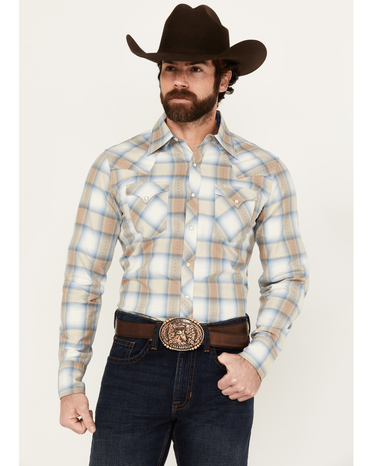 Stetson Men's Dobby Plaid Print Long Sleeve Snap Western Shirt