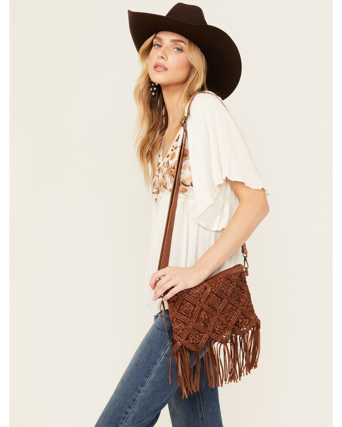 Shyanne Women's Western Heritage Woven Leather Fringe Crossbody Bag