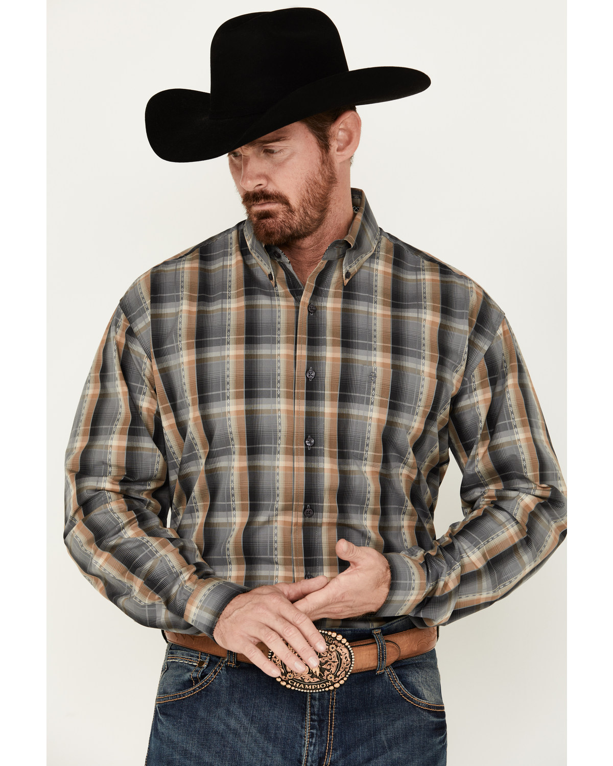 Stetson Men's Dobby Plaid Print Long Sleeve Button-Down Western Shirt