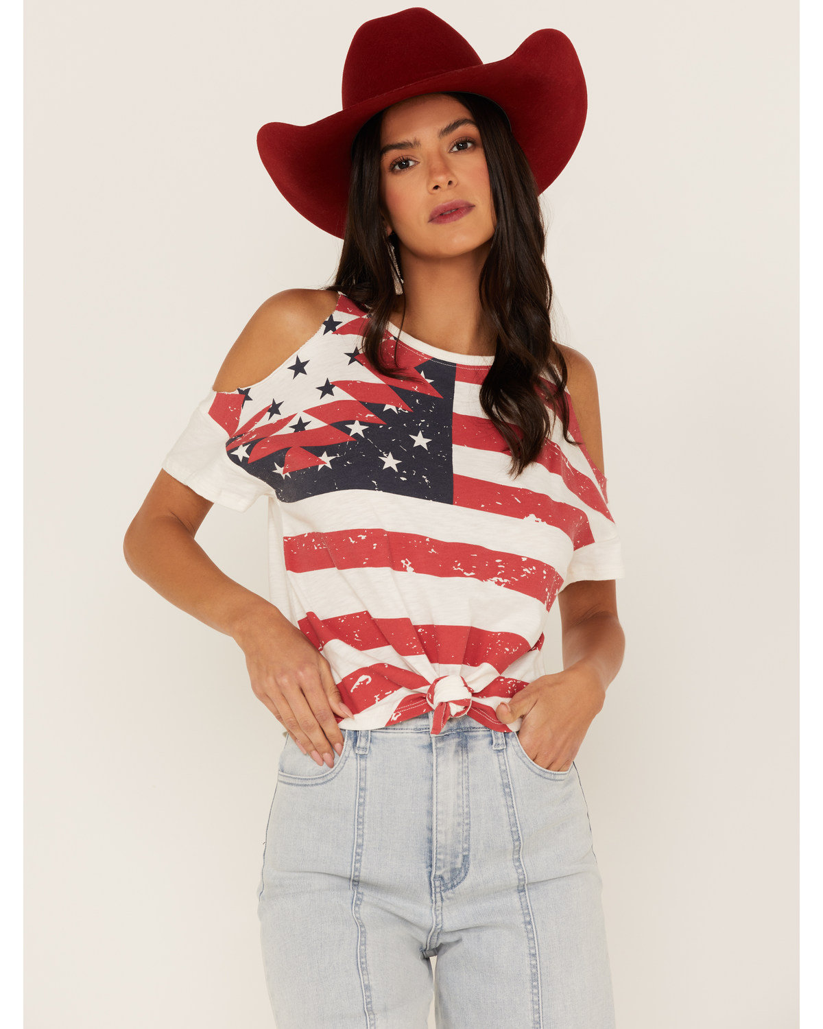 Shyanne Women's Americana Southwestern Flag Cold Shoulder Graphic Tee