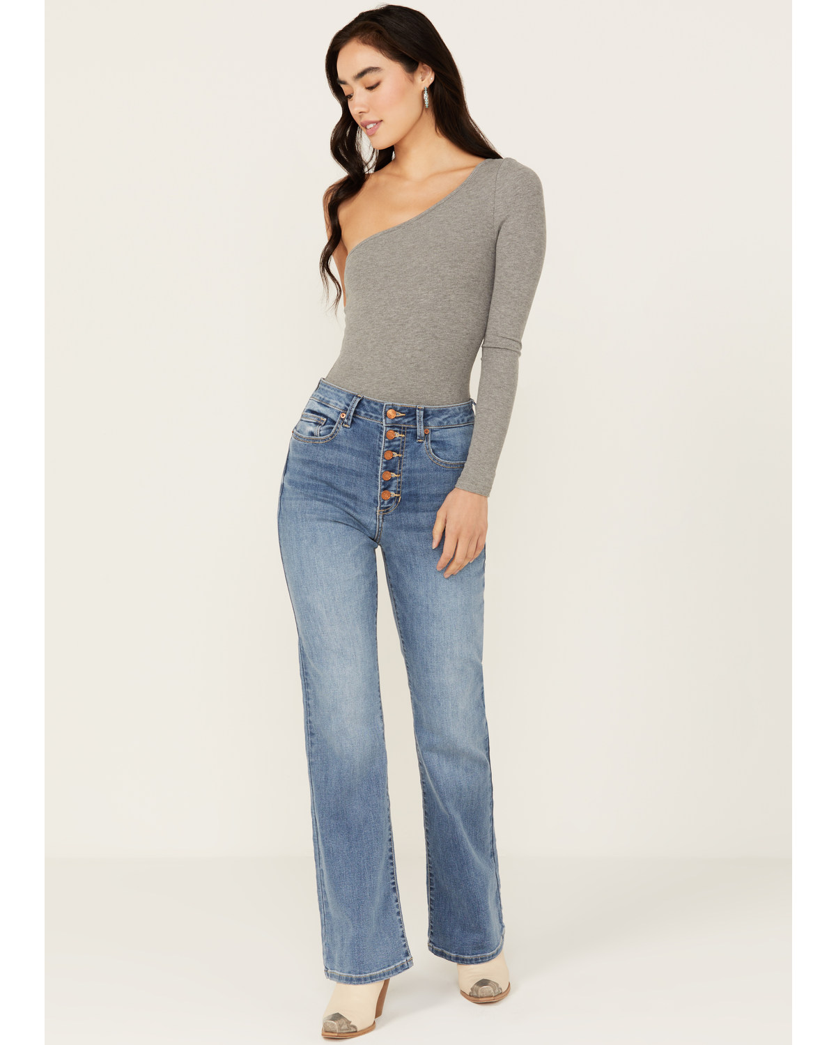 Sneak Peek Women's Medium Wash High Rise Exposed Button-Fly Stretch Bootcut Jeans