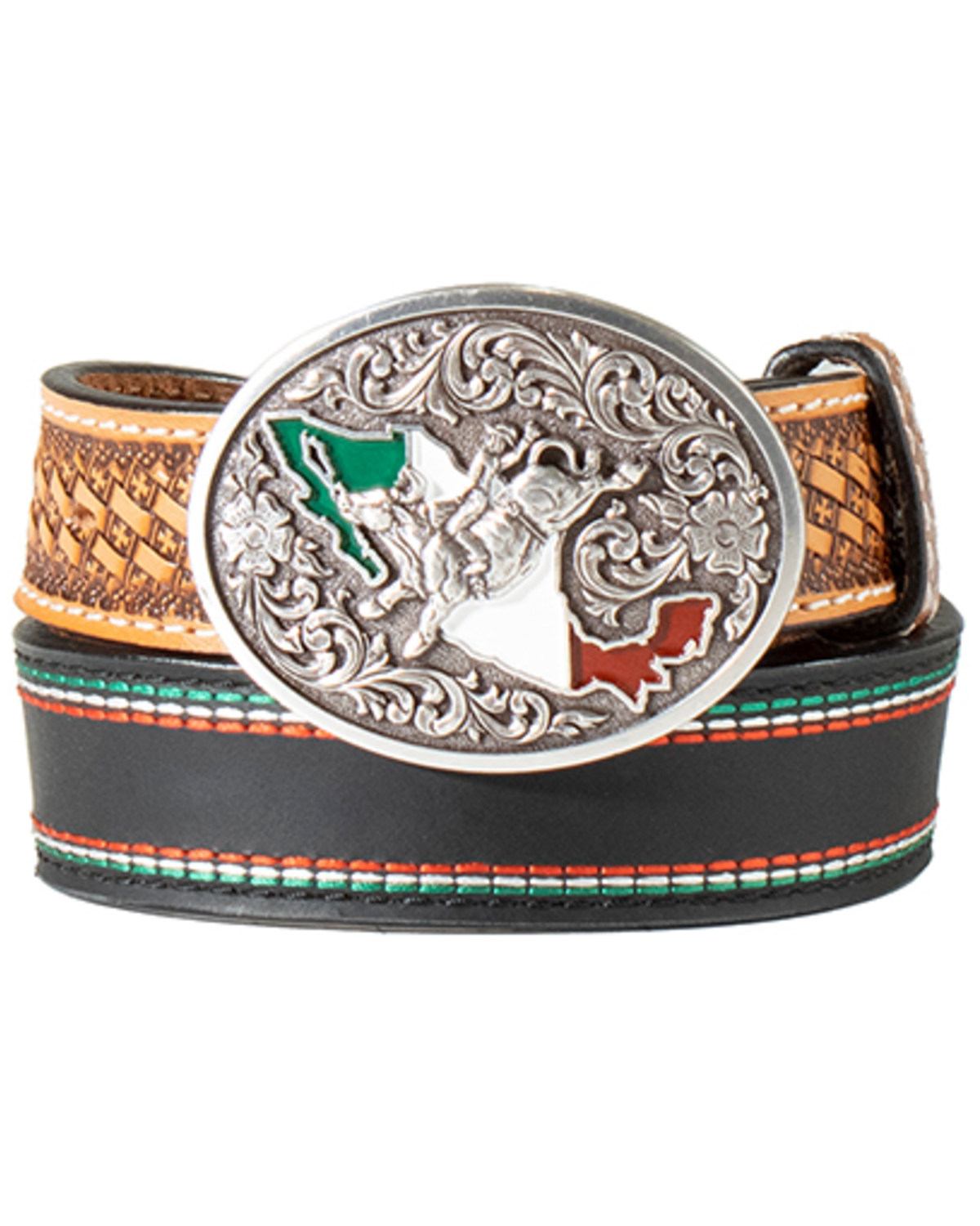 M & F Western Boys' Mexican Flag Tooled Leather Belt