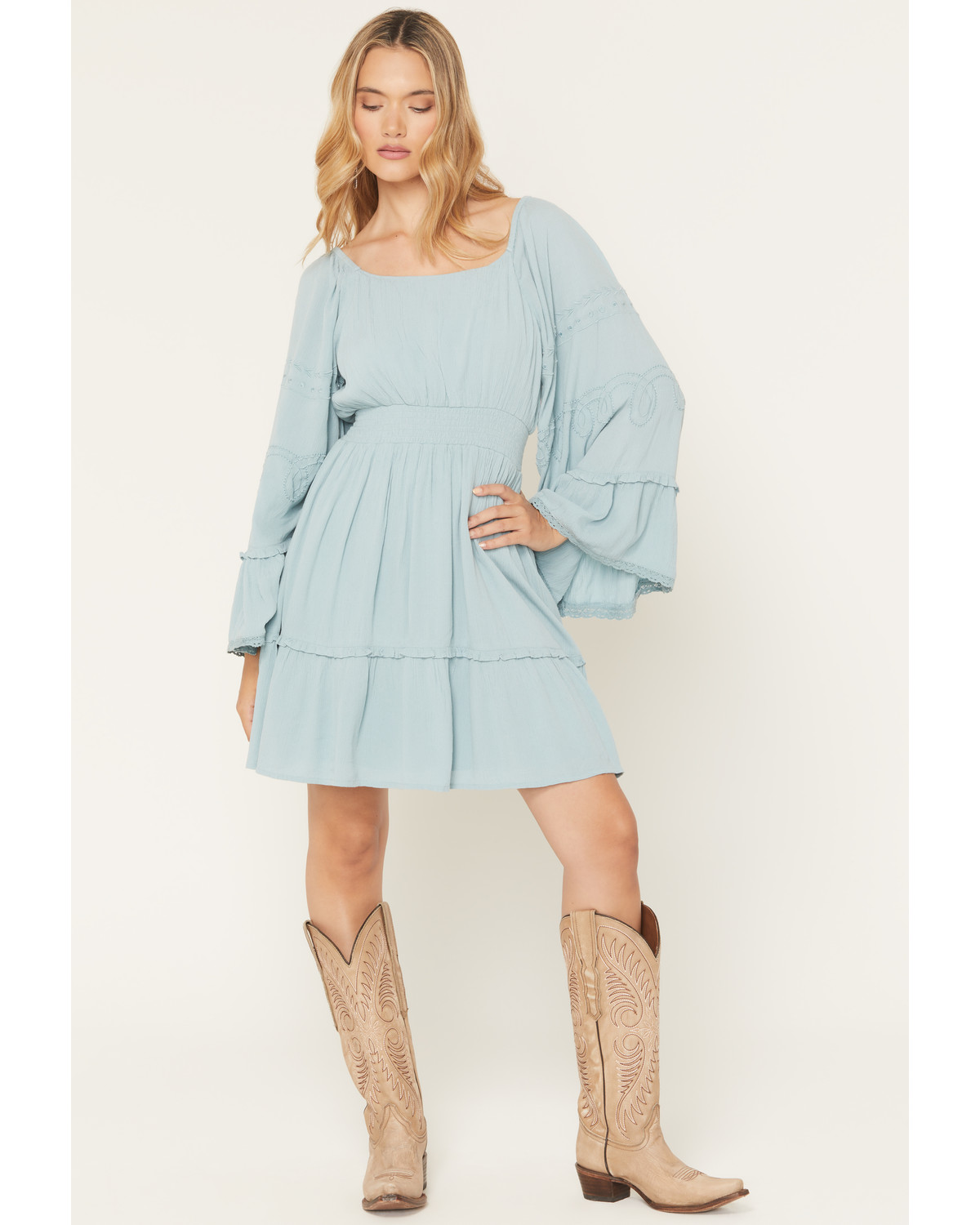 Shyanne Women's Highlands Embroidered Long Bell Sleeve Mini Dress