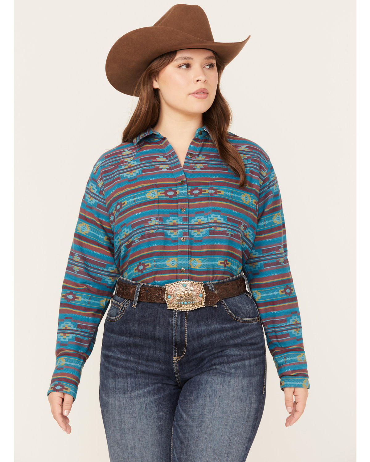 Ariat Women's R.E.A.L. Southwestern Print Billie Rae Long Sleeve Button Down Western Shirt - Plus