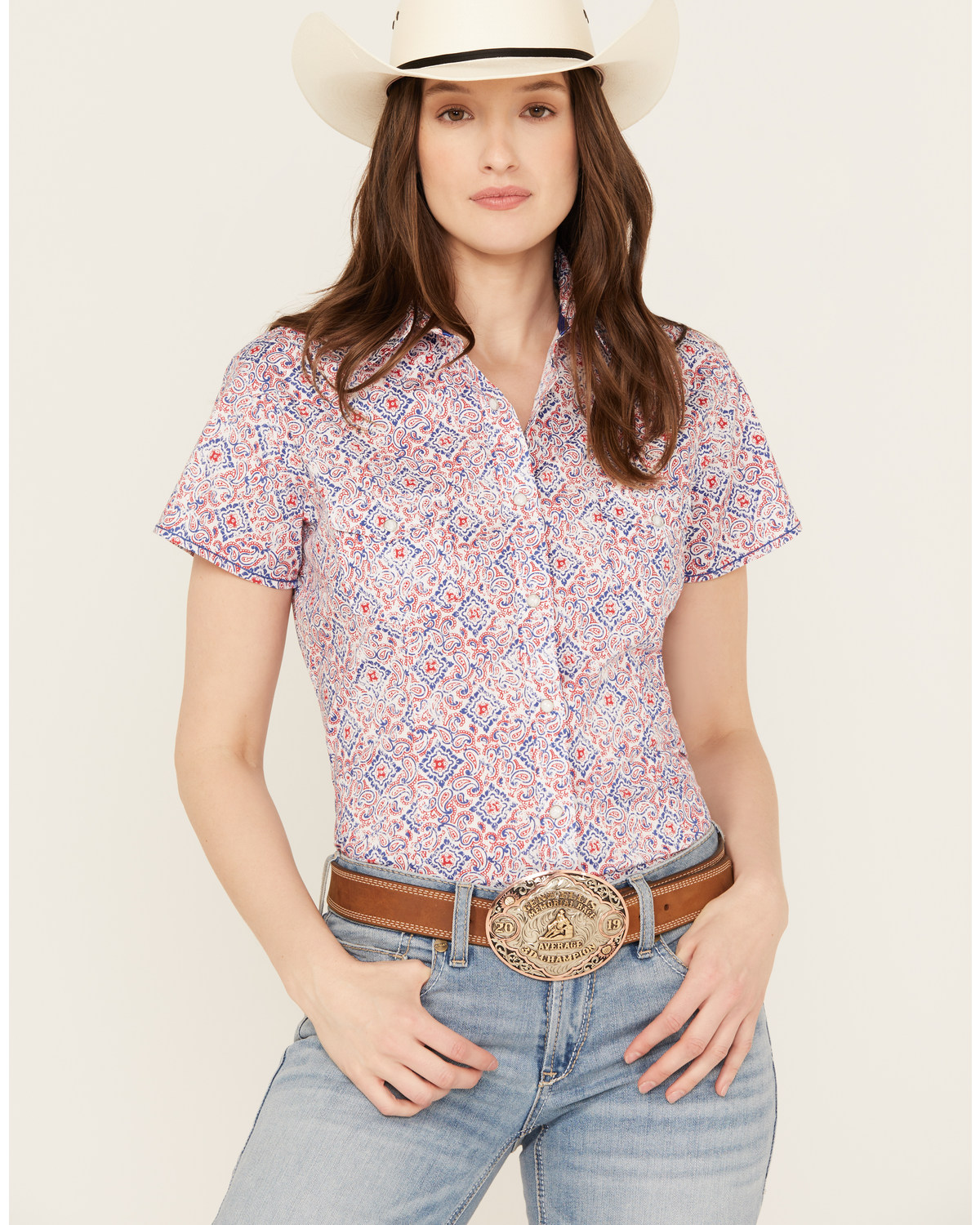 Rough Stock by Panhandle Women's Paisley Print Stretch Short Sleeve Western Pearl Snap Shirt