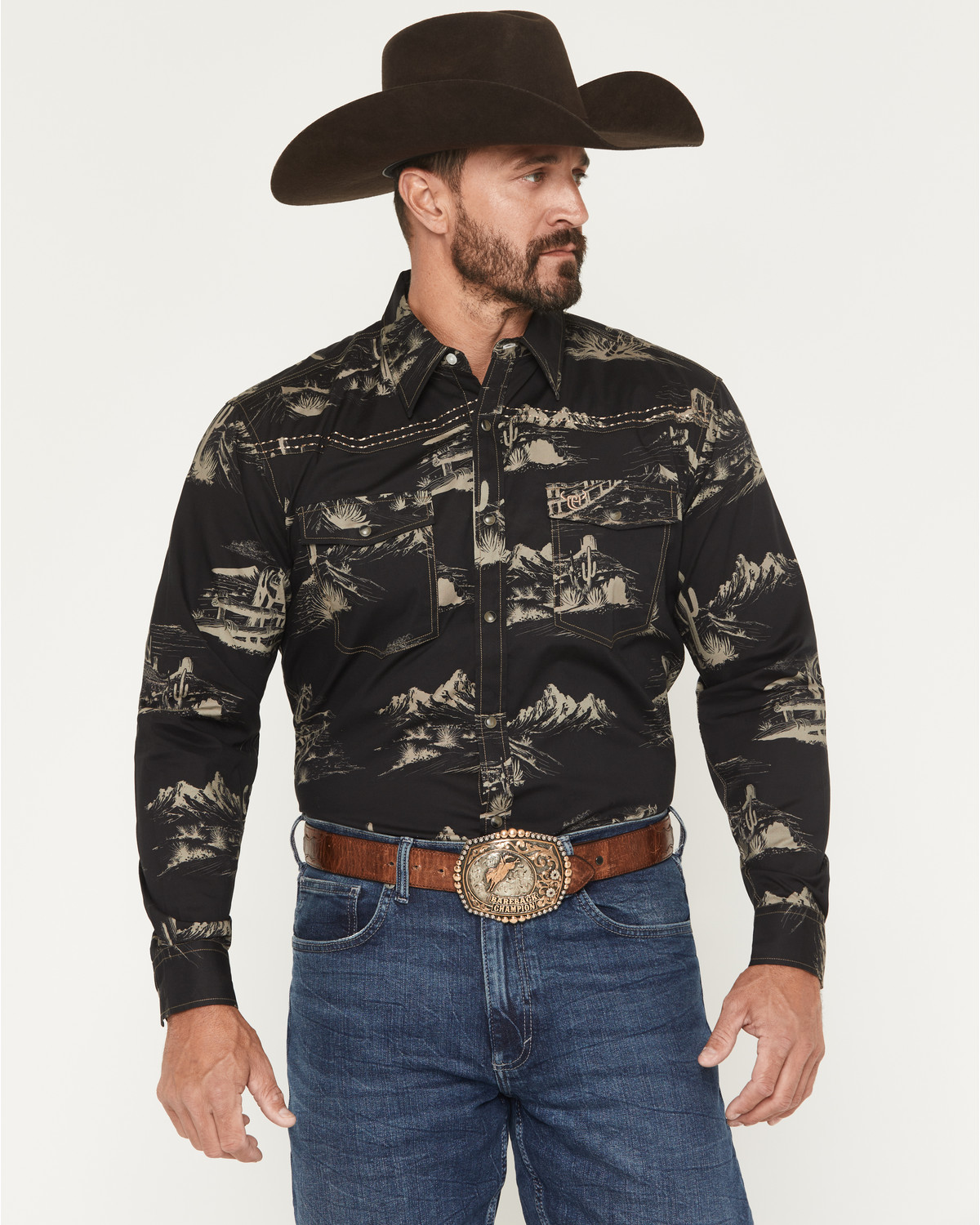Cowboy Hardware Men's Western Scenery Print Long Sleeve Snap Stretch Shirt