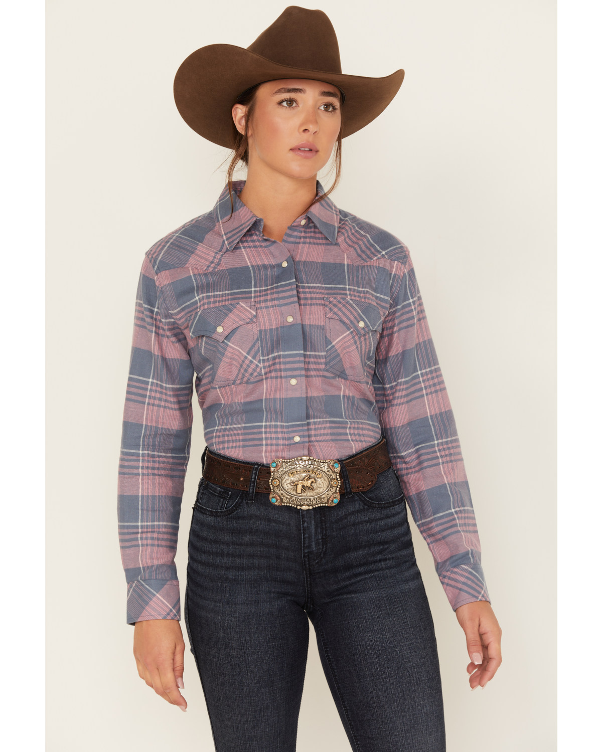 Wrangler Women's Plaid Print Long Sleeve Western Flannel Pearl Snap Shirt