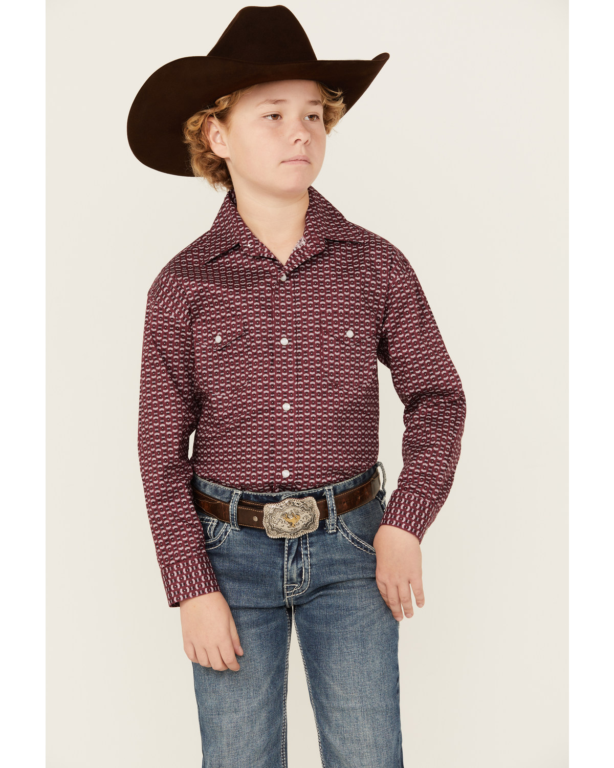 Rough Stock by Panhandle Boys' Geo Print Long Sleeve Pearl Snap Shirt