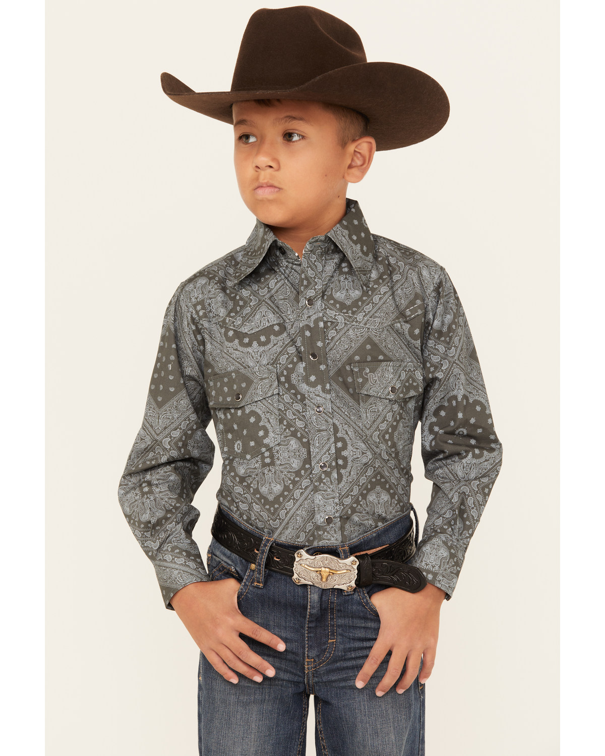 Cowboy Hardware Boys' Bandana Print Long Sleeve Pearl Snap Western Shirt