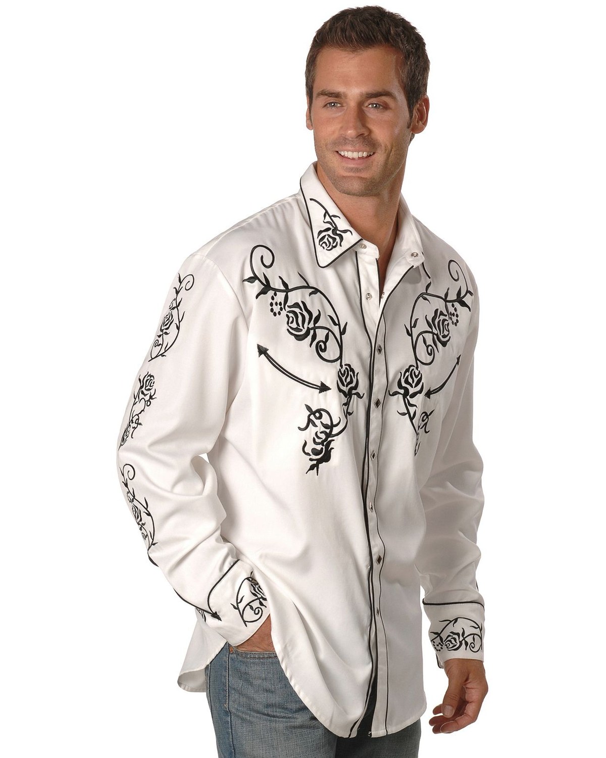Scully New Men/'s Floral Embroidered Vintage Western Shirt White