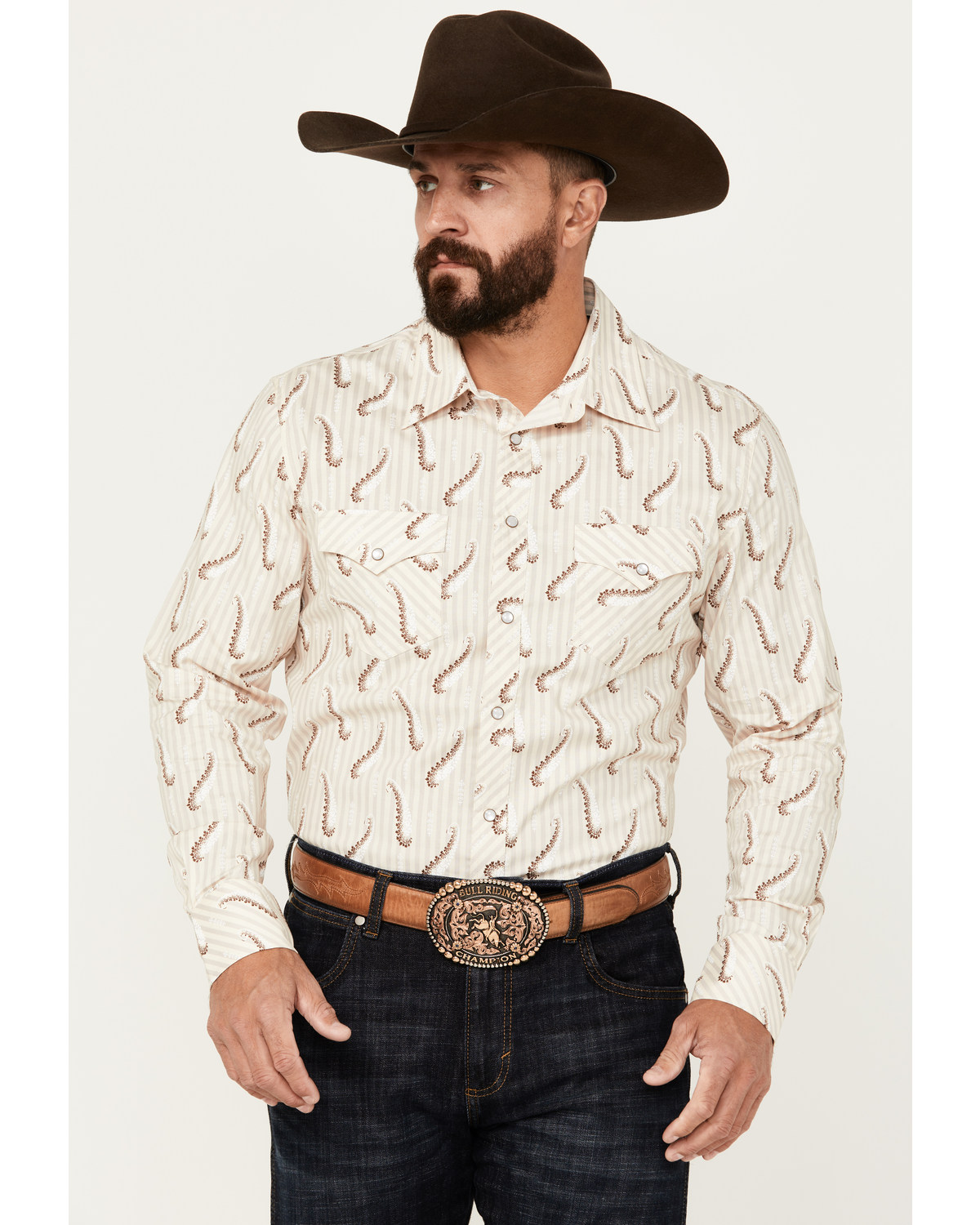 Rock & Roll Denim Men's Paisley Striped Print Long Sleeve Pearl Snap Stretch Western Shirt