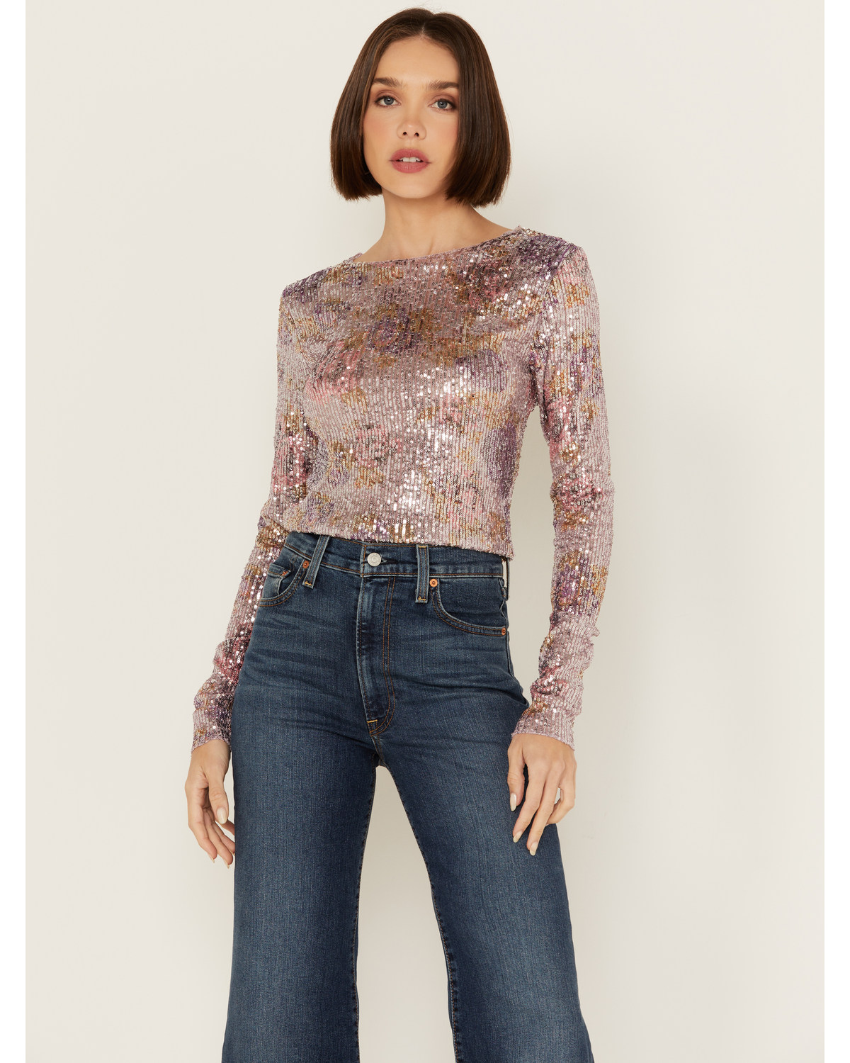 Free People Women's Gold Rush Printed Sequins Long Sleeve Top