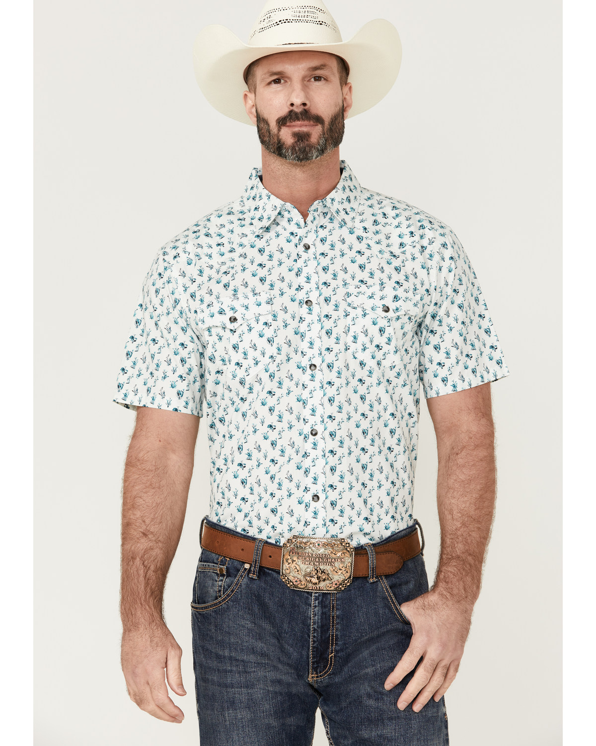 Moonshine Spirit Men's Blue Agave Floral Print Short Sleeve Snap Western Shirt