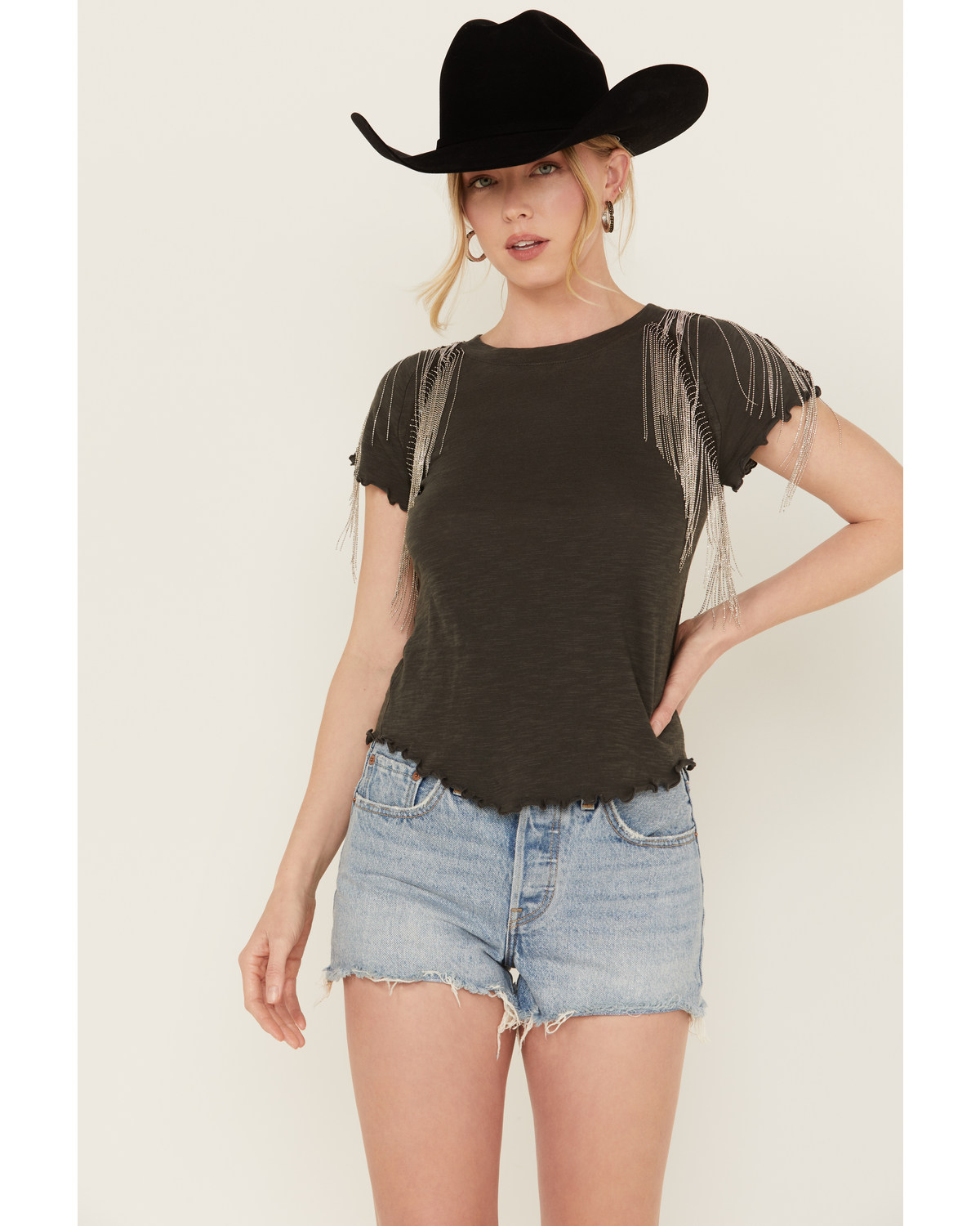 Free People Women's Shoulder Tassel Short Sleeve Tee