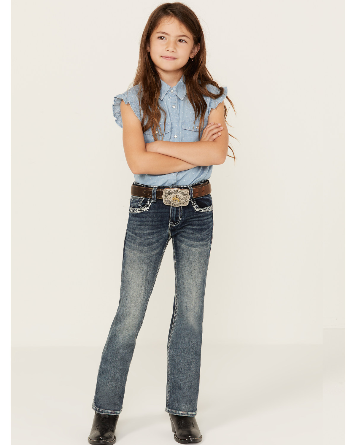 Grace LA Little Girls' Medium Wash Steer Head Pocket Stretch Bootcut Jeans