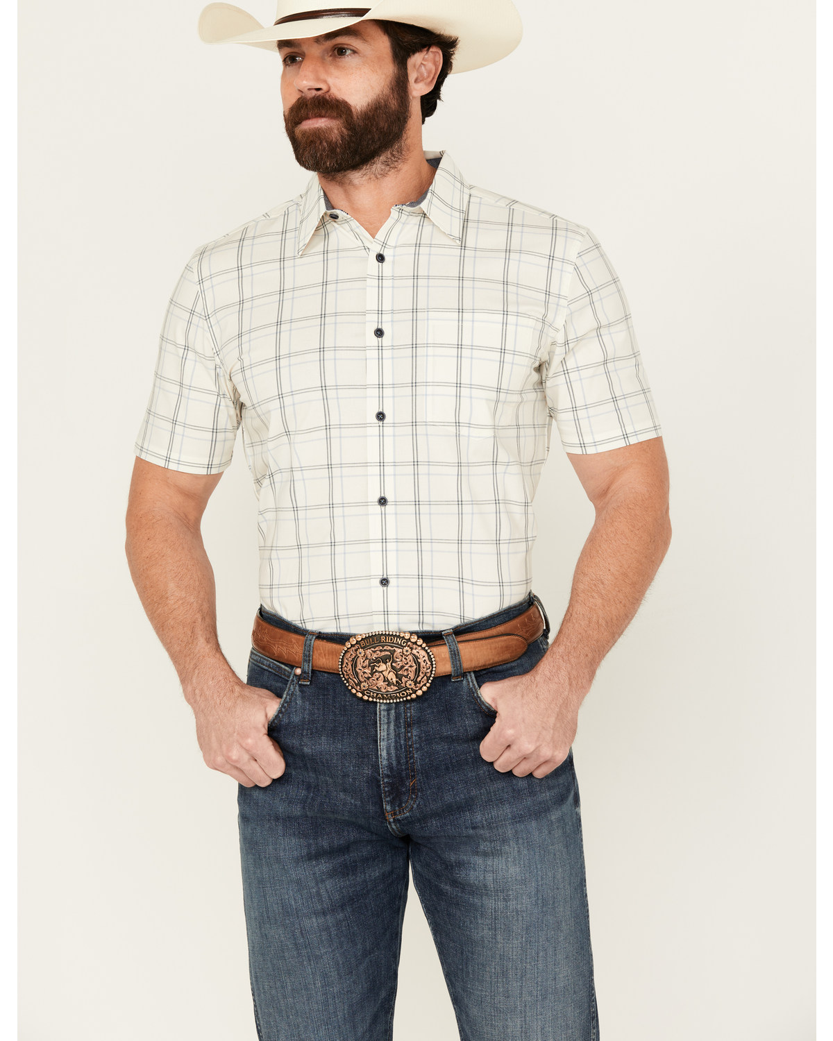 Cody James Men's Open Field Plaid Print Short Sleeve Button-Down Stretch Western Shirt