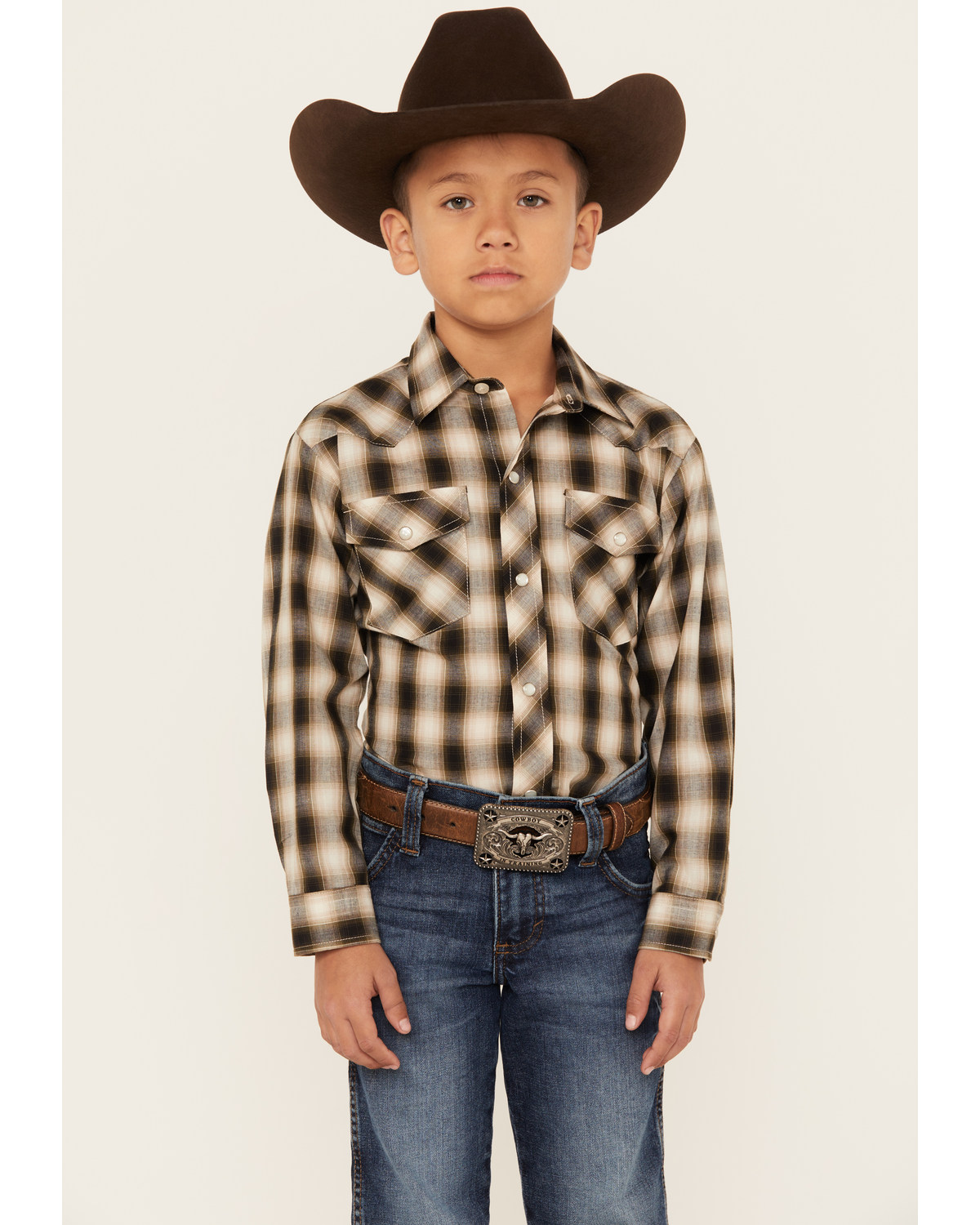 Roper Boys' Plaid Print Long Sleeve Pearl Snap Western Shirt