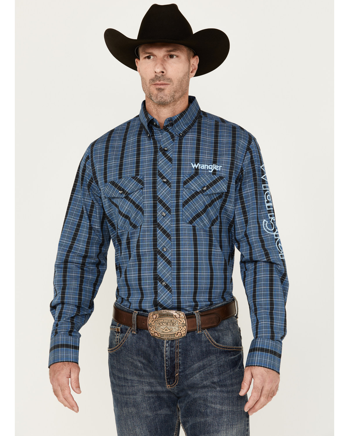 Wrangler Men's Logo Plaid Print Long Sleeve Button-Down Western Shirt