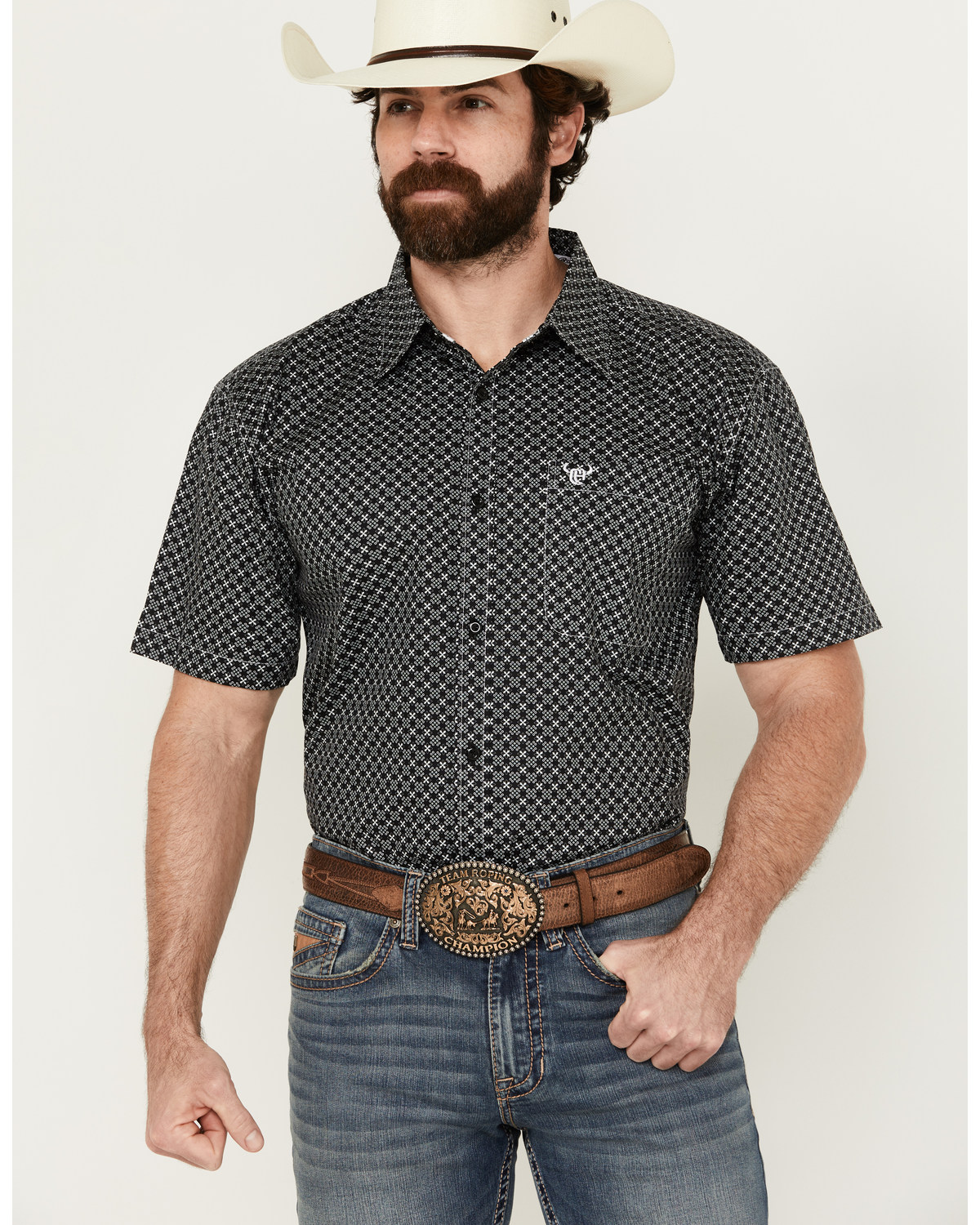 Cowboy Hardware Men's Geo Floral Print Short Sleeve Button-Down Western Shirt