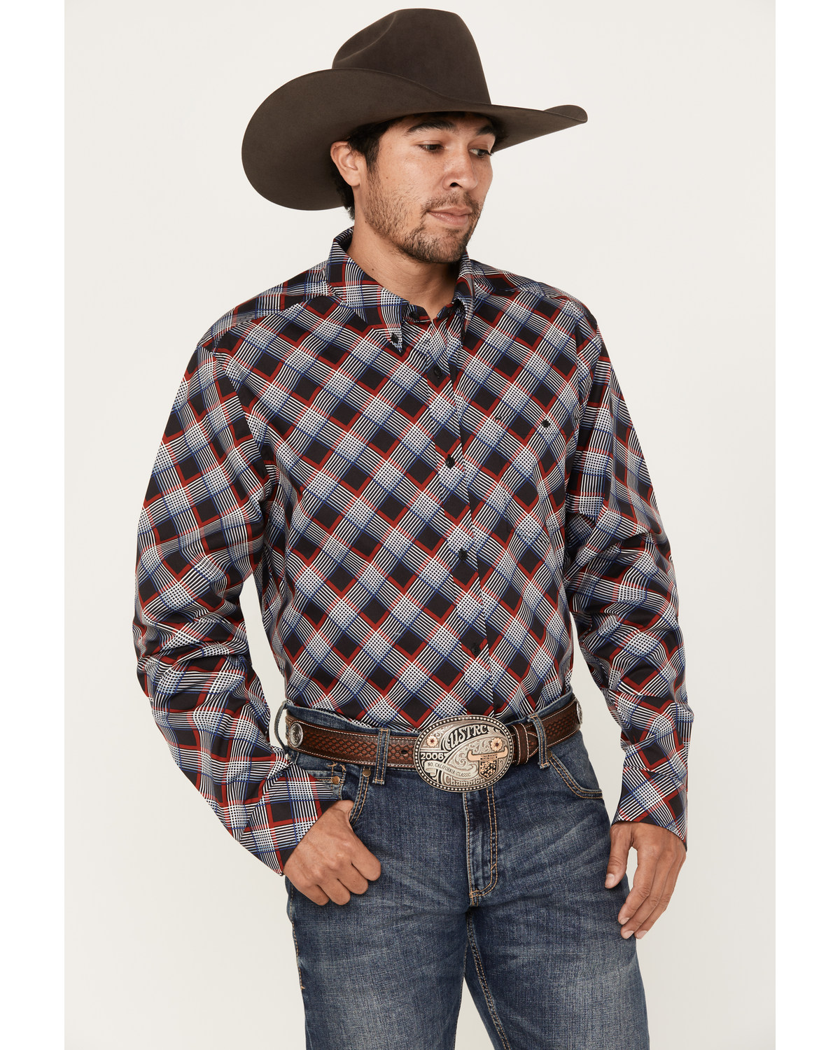 RANK 45® Men's Saddle Abstract Plaid Print Long Sleeve Button-Down Western Shirt
