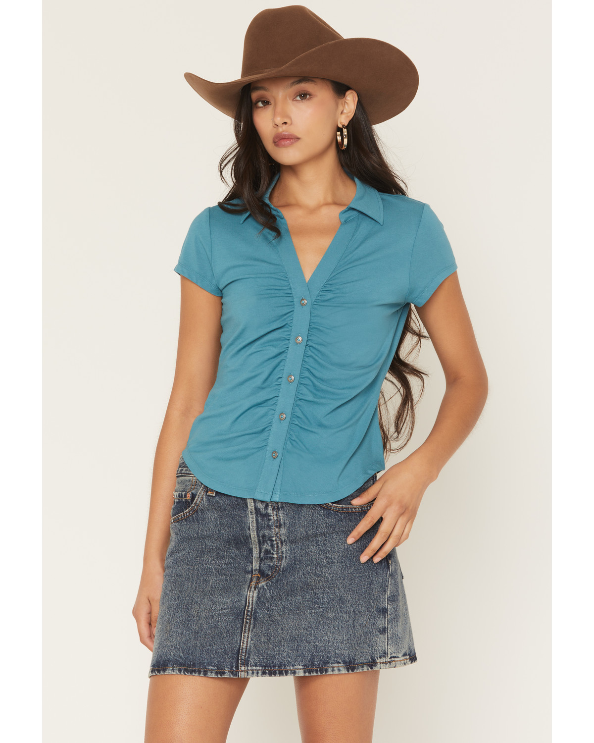 Shyanne Women's Ruched Short Sleeve Button-Down Shirt