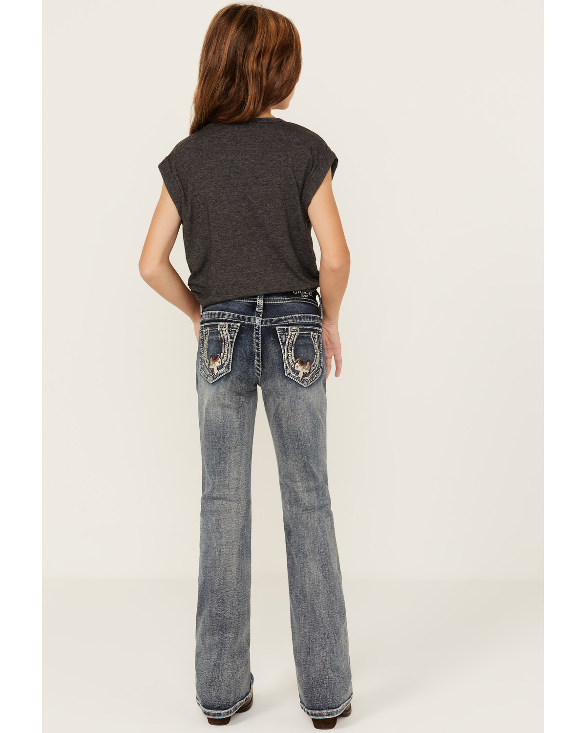 Grace LA Girls' Medium Wash Horseshoe Embroidered Stretch Bootcut Jeans