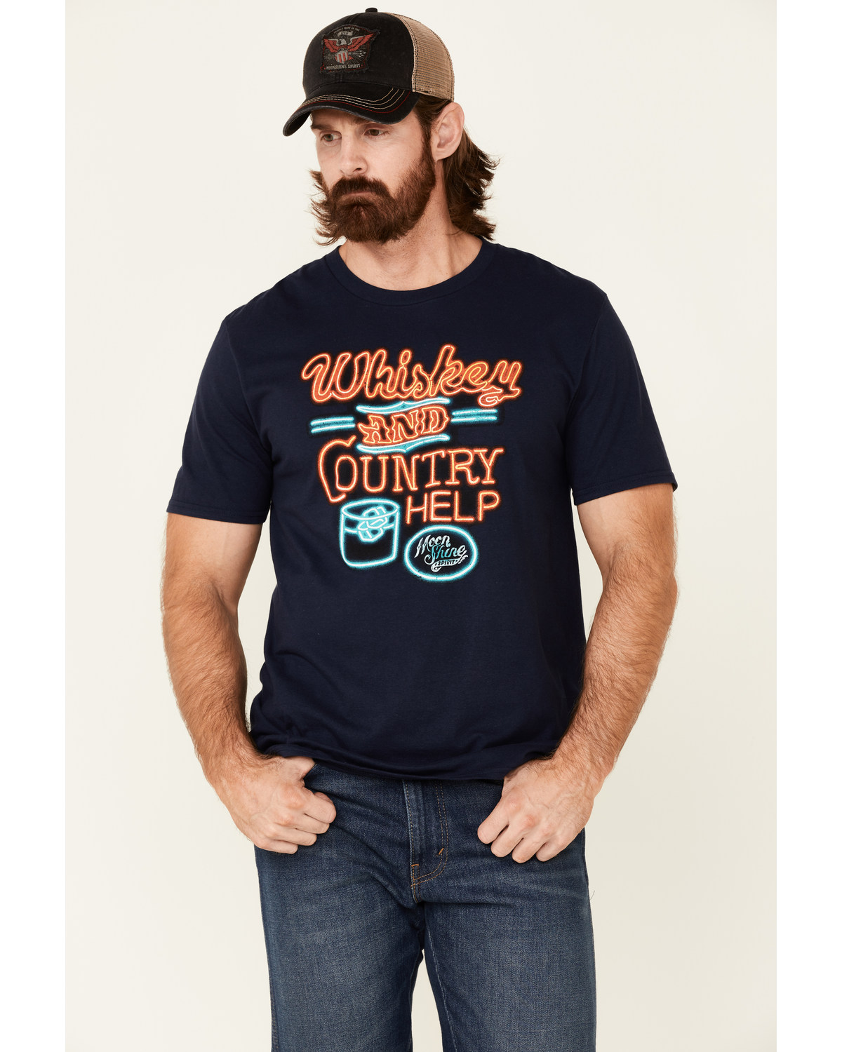 Moonshine Spirit Men's Whiskey & Help Neon Graphic Short Sleeve T-Shirt