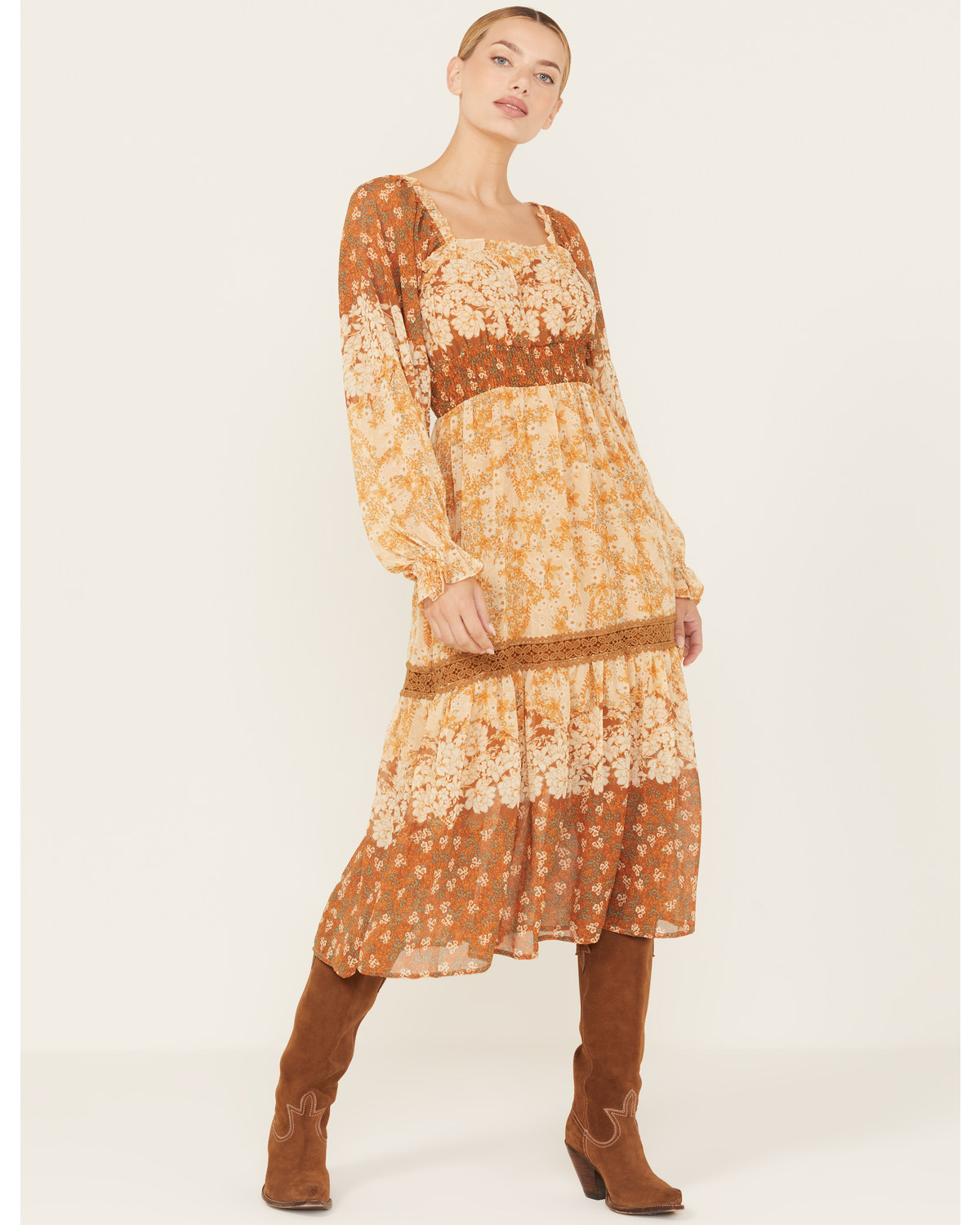 Miss Me Women's Floral Print Long Sleeve Midi Dress
