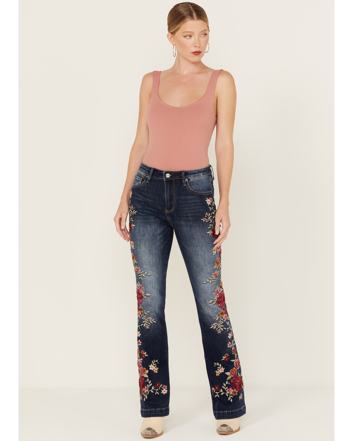 Driftwood Women's Medium Wash High Rise Floral Embroidered Stretch Flare Jeans