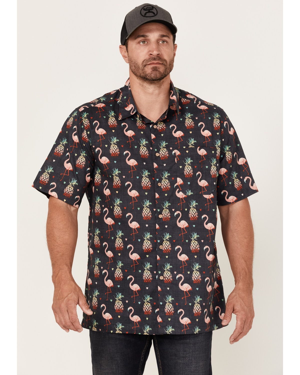 Scully Men's Pineapples & Flamingos Allover Print Short Sleeve Button Down Western Shirt