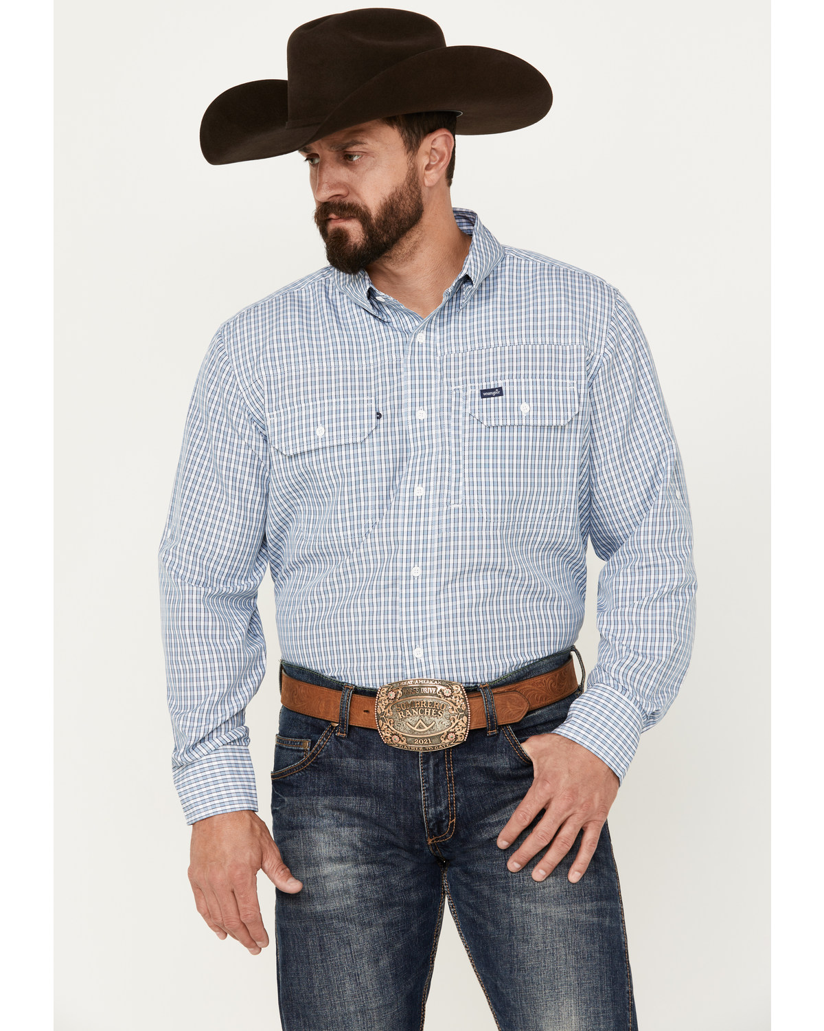 Wrangler Men's Plaid Print Long Sleeve Button-Down Western Performance Shirt