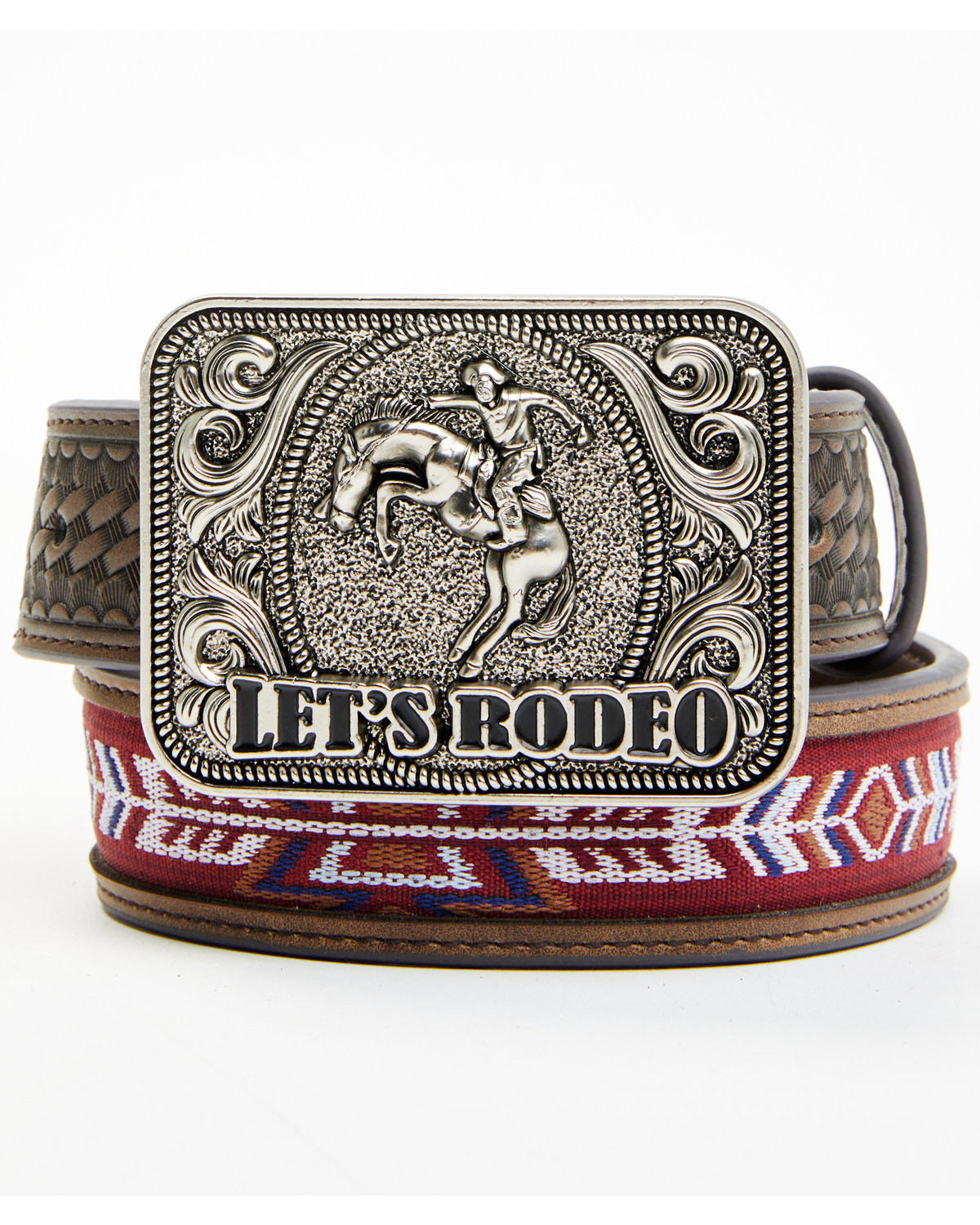 Cody James Boys' Rodeo Buckle Southwestern Woven Inlay Leather Belt