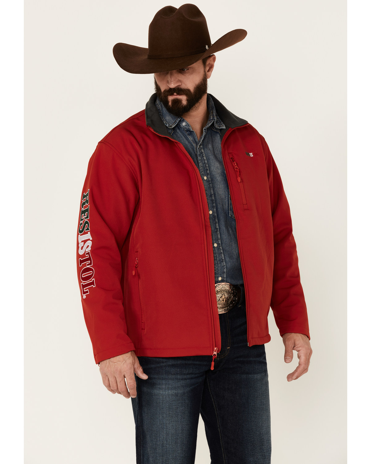 Resistol Men's Red Mexico Logo Sleeve Zip-Front Softshell Jacket
