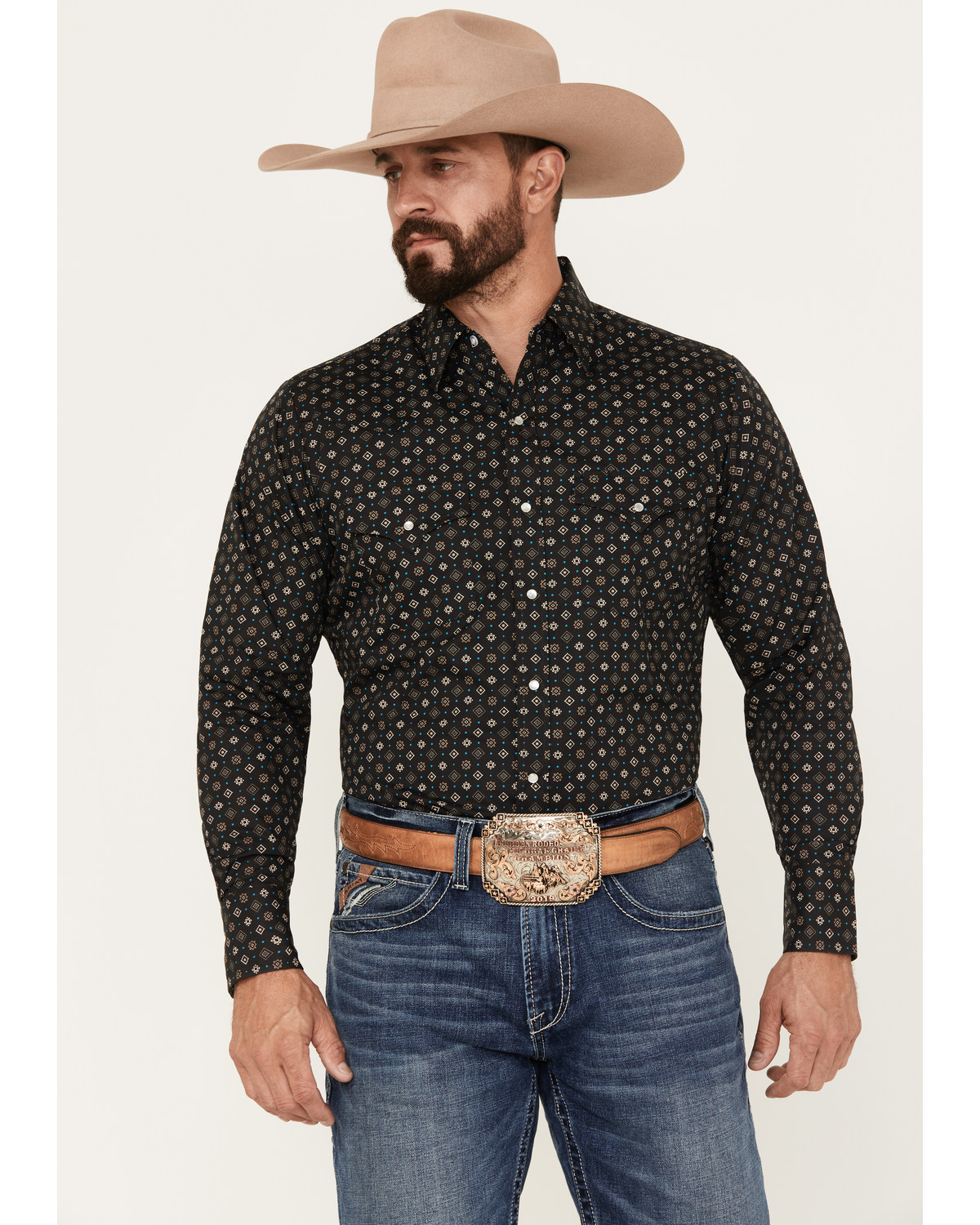 Ely Walker Men's Geo Print Long Sleeve Pearl Snap Western Shirt