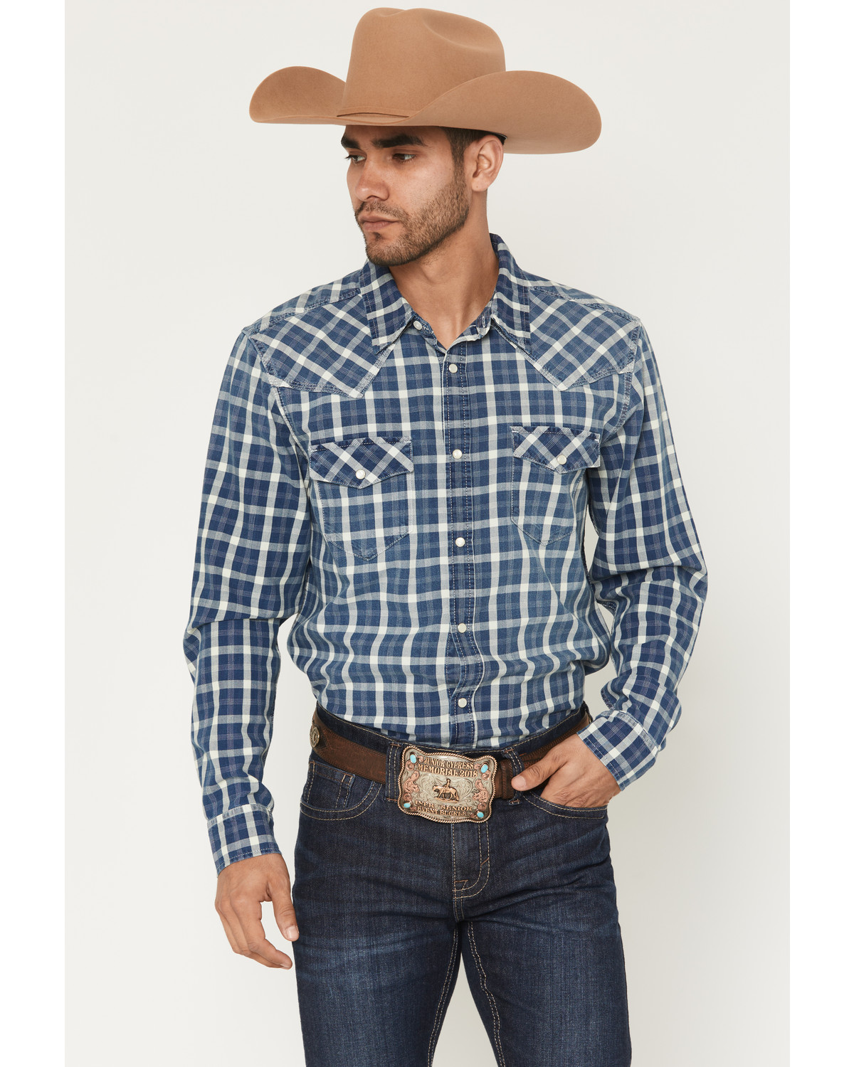 Cody James Men's Conaway Denim Plaid Print Long Sleeve Snap Western Shirt