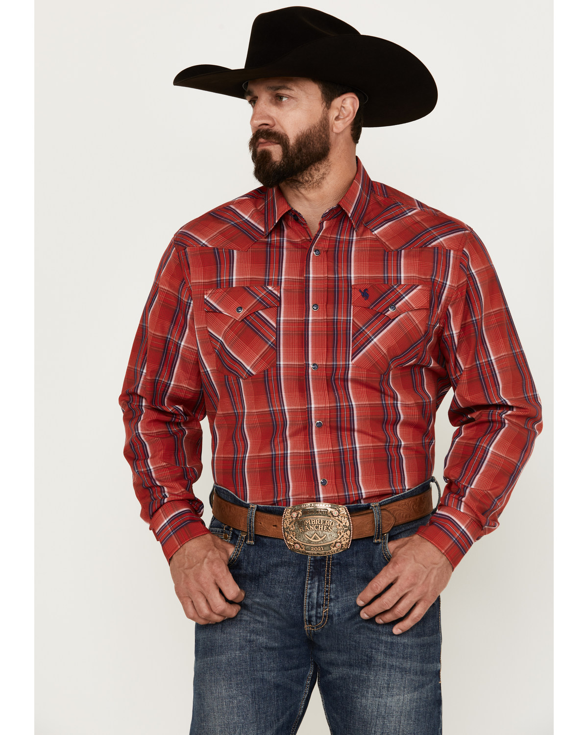 Rodeo Clothing Men's Plaid Print Long Sleeve Snap Western Shirt